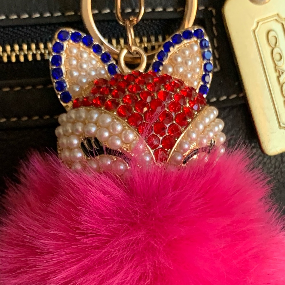 FOX Keychain/ Bag Charm Crystals & Mini Pearls on Fox’s Head w/Raspberry Red Pom - Picture 2 of 2